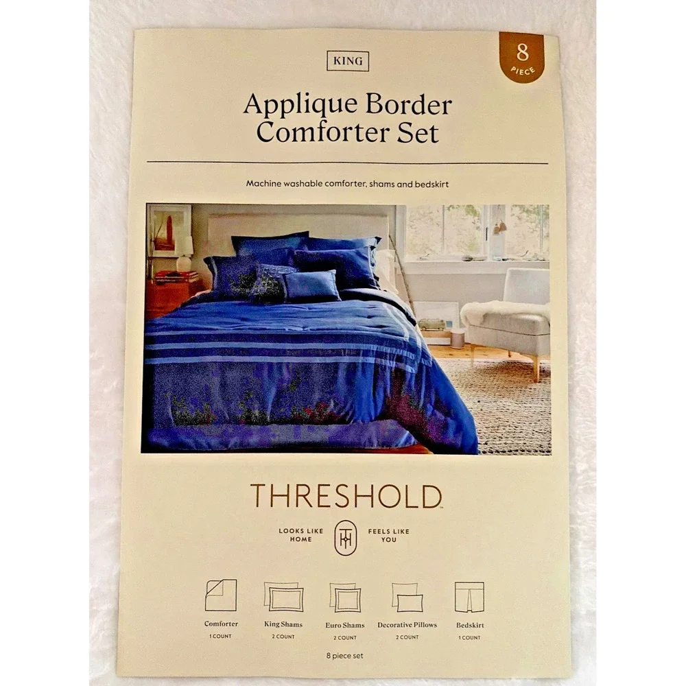 Threshold Applique Border 8 Piece Comforter Set in Navy Blue - Herringbone- King